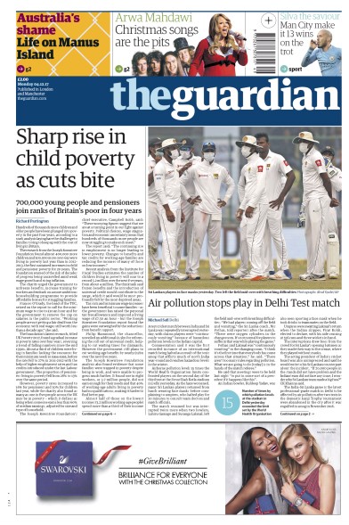 The Guardian Newspaper Front Page (UK) for 4 December 2017