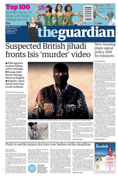 The Guardian Newspaper Front Page (UK) for 4 January 2016