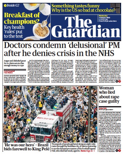 The Guardian Newspaper Front Page (UK) for 4 January 2023