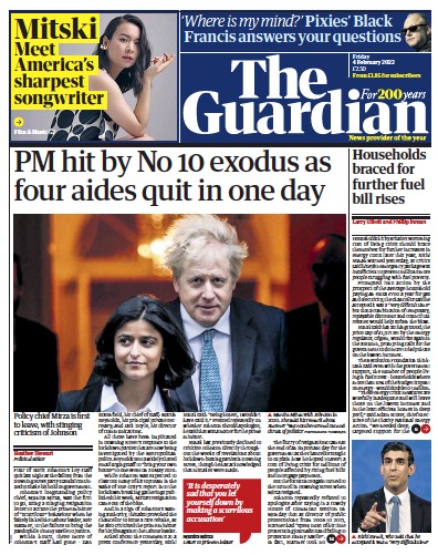 The Guardian Newspaper Front Page (UK) for 4 February 2022