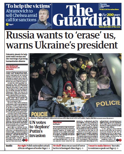 The Guardian Newspaper Front Page (UK) for 4 March 2022