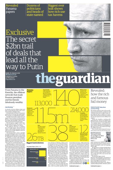 The Guardian Newspaper Front Page (UK) for 4 April 2016