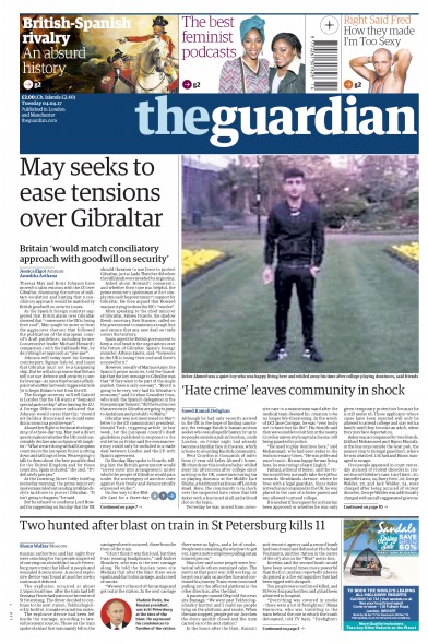 The Guardian Newspaper Front Page (UK) for 4 April 2017
