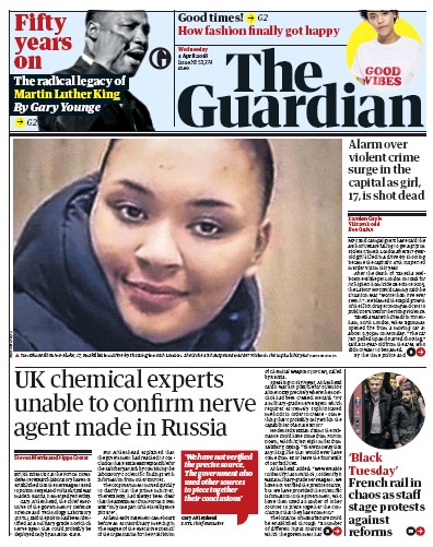The Guardian Newspaper Front Page (UK) for 4 April 2018