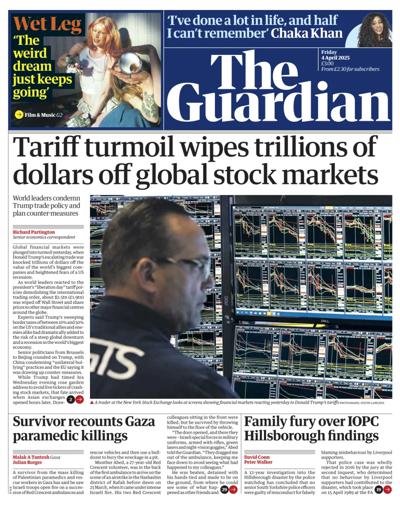 The Guardian Newspaper Front Page (UK) for 4 April 2025