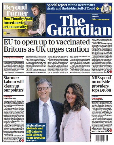 The Guardian Newspaper Front Page (UK) for 4 May 2021