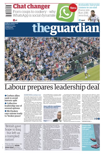The Guardian Newspaper Front Page (UK) for 4 July 2016