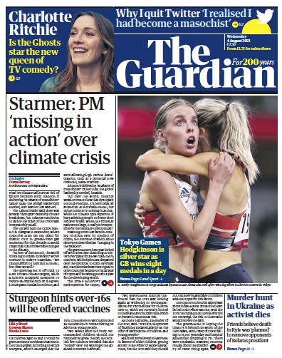 The Guardian Newspaper Front Page (UK) for 4 August 2021