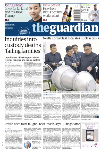 The Guardian Newspaper Front Page (UK) for 4 September 2017