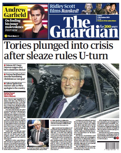 The Guardian Newspaper Front Page (UK) for 5 November 2021