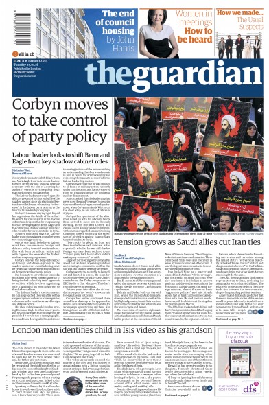 The Guardian Newspaper Front Page (UK) for 5 January 2016