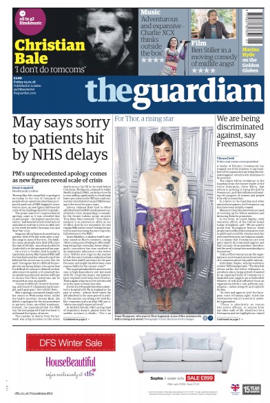 The Guardian Newspaper Front Page (UK) for 5 January 2018