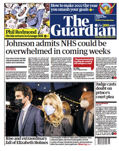 The Guardian Newspaper Front Page (UK) for 5 January 2022