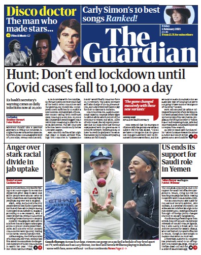 The Guardian Newspaper Front Page (UK) for 5 February 2021