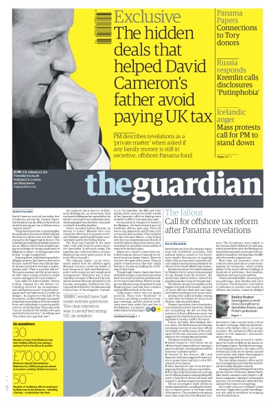 The Guardian Newspaper Front Page (UK) for 5 April 2016