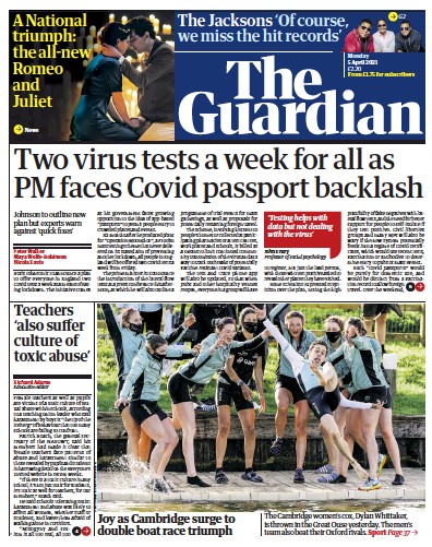 The Guardian Newspaper Front Page (UK) for 5 April 2021