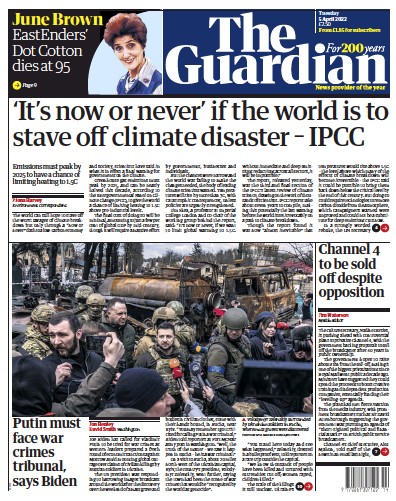 The Guardian Newspaper Front Page (UK) for 5 April 2022