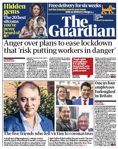 The Guardian Newspaper Front Page (UK) for 5 May 2020