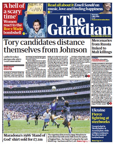 The Guardian Newspaper Front Page (UK) for 5 May 2022