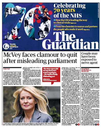 The Guardian Newspaper Front Page (UK) for 5 July 2018