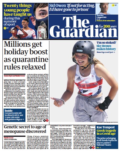 The Guardian Newspaper Front Page (UK) for 5 August 2021