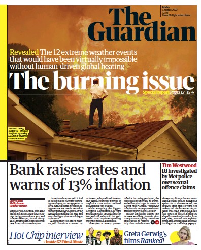 The Guardian Newspaper Front Page (UK) for 5 August 2022