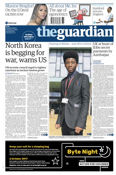 The Guardian Newspaper Front Page (UK) for 5 September 2017