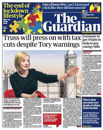 The Guardian Newspaper Front Page (UK) for 5 September 2022
