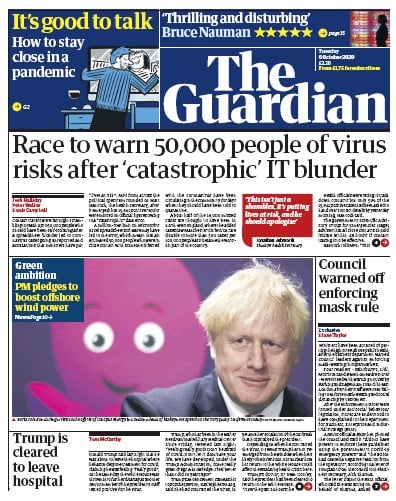 The Guardian Newspaper Front Page (UK) for 6 October 2020
