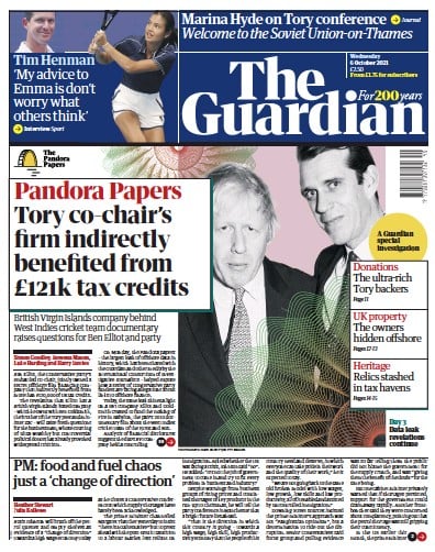 The Guardian Newspaper Front Page (UK) for 6 October 2021