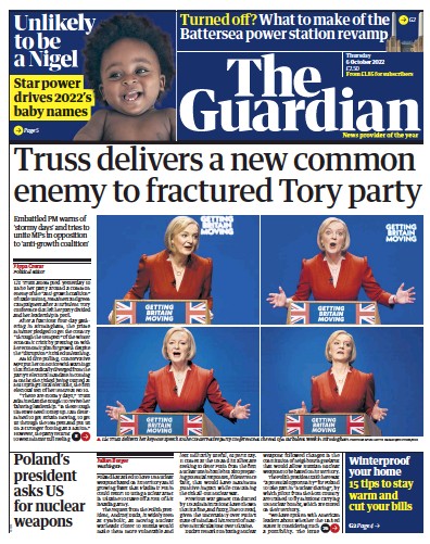 The Guardian Newspaper Front Page (UK) for 6 October 2022