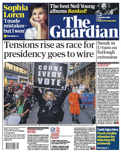 The Guardian Newspaper Front Page (UK) for 6 November 2020
