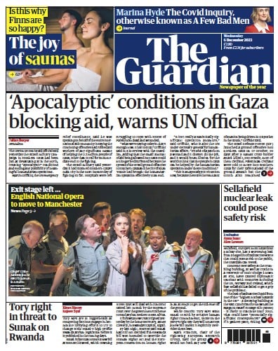 The Guardian Newspaper Front Page (UK) for 6 December 2023