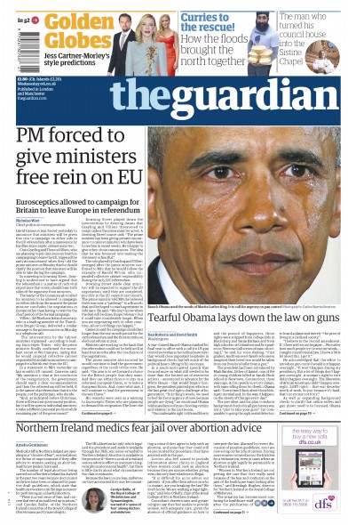The Guardian Newspaper Front Page (UK) for 6 January 2016