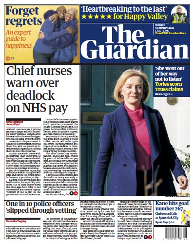The Guardian Newspaper Front Page (UK) for 6 February 2023
