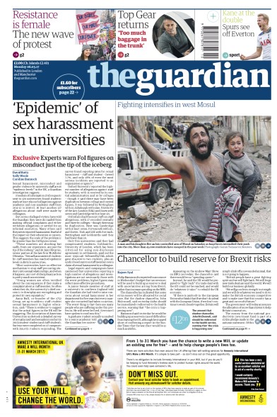 The Guardian Newspaper Front Page (UK) for 6 March 2017