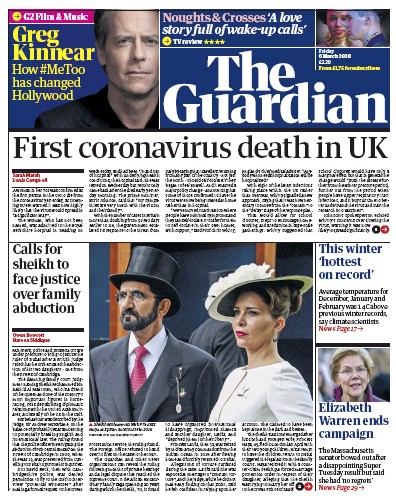 The Guardian Newspaper Front Page (UK) for 6 March 2020