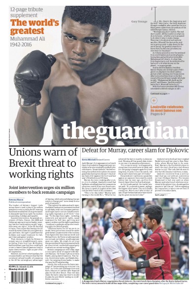 The Guardian Newspaper Front Page (UK) for 6 June 2016
