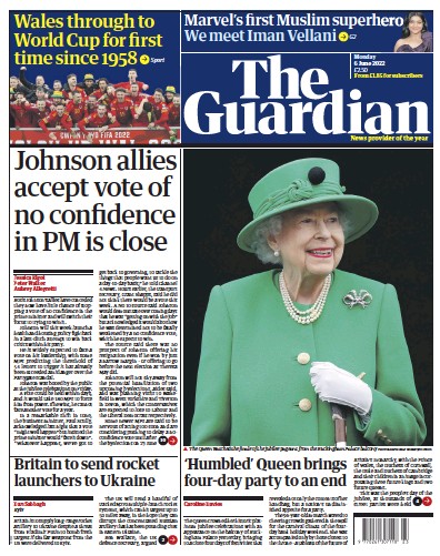 The Guardian Newspaper Front Page (UK) for 6 June 2022