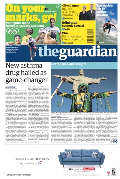 The Guardian Newspaper Front Page (UK) for 6 August 2016