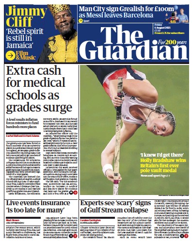 The Guardian Newspaper Front Page (UK) for 6 August 2021