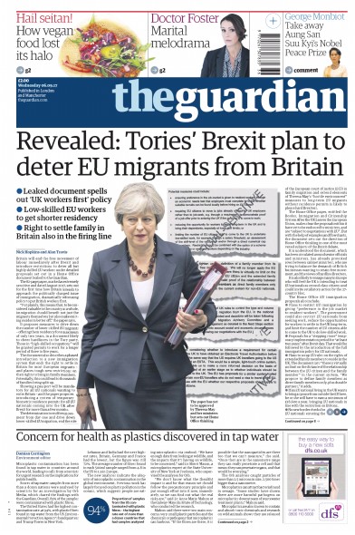 The Guardian Newspaper Front Page (UK) for 6 September 2017