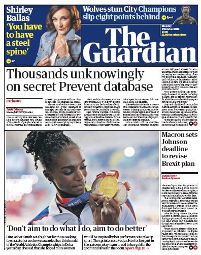 The Guardian Newspaper Front Page (UK) for 7 October 2019