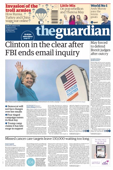 The Guardian Newspaper Front Page (UK) for 7 November 2016