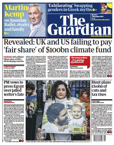 The Guardian Newspaper Front Page (UK) for 7 November 2022