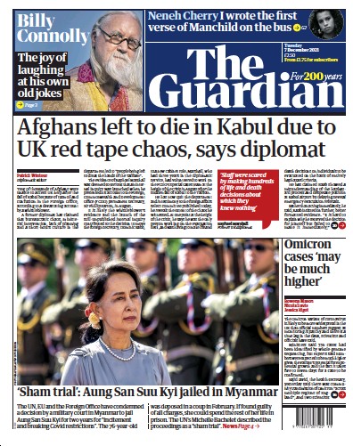 The Guardian Newspaper Front Page (UK) for 7 December 2021