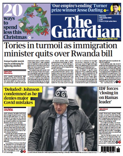 The Guardian Newspaper Front Page (UK) for 7 December 2023
