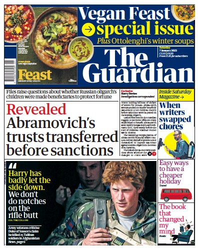 The Guardian Newspaper Front Page (UK) for 7 January 2023