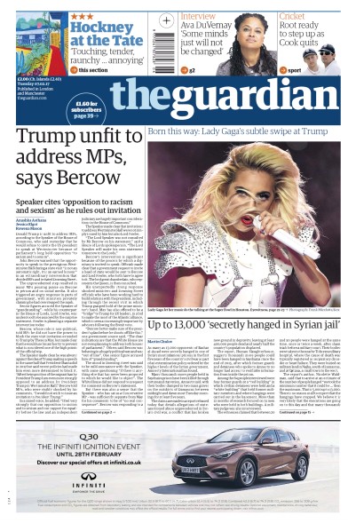 The Guardian Newspaper Front Page (UK) for 7 February 2017