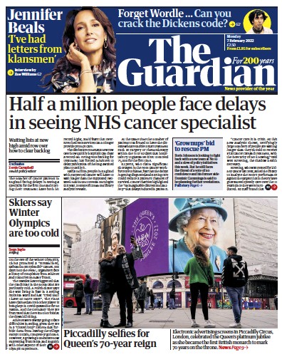 The Guardian Newspaper Front Page (UK) for 7 February 2022